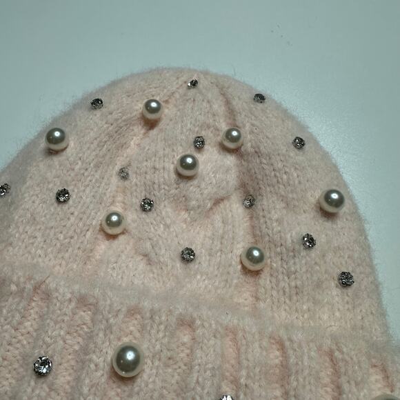 MAEVE ANTHROPOLOGIE Pink Embellished Rhinestone Pearl Cuffed Beanie Hat NWT - Picture 8 of 12